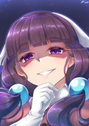 Rule 34 | 1girl, arkfield, artist name, blend s, blunt bangs, dated, evil grin, evil smile, gloves, grin, hair bobbles, hair ornament, half-closed eyes, hand on own chin, head scarf, light trail, long hair, looking at viewer, low twintails, portrait, purple eyes, sakuranomiya maika, shaded face, smile, solo, sparkle, twintails, upper body, white gloves