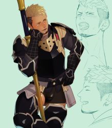 Rule 34 | 1boy, armor, belt, black hair, blonde hair, blush, buzz cut, chest armor, chest plate, closed eyes, ear piercing, earrings, elbow gauntlets, facial hair, final fantasy, final fantasy xiv, gauntlets, green background, hand on own face, hand on own hip, itto (mentaiko), jewelry, leg armor, looking at viewer, male focus, male underwear, mature male, one eye closed, open mouth, original, piercing, short hair, shorts, shoulder armor, shoulder pads, skirt, smile, solo, spiked hair, stubble, sweat, sweatdrop, underwear, very short hair, warrior of light (ff14), weapon, yellow eyes