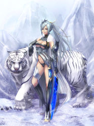 Rule 34 | 1girl, animal, armor, bad id, breasts, cat, closed mouth, female focus, gauntlets, hair ornament, highres, holding, holding sword, holding weapon, jewelry, long hair, looking at viewer, midriff, navel, original, ponytail, smile, solo, sword, weapon, white hair, yazuwo