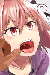 Rule 34 | 1boy, ?, astolfo (fate), bow, casual, collarbone, dark skin, fang, fate/grand order, fate (series), hair bow, i-pan, looking at viewer, mouth pull, multicolored hair, open mouth, pink eyes, pink hair, saliva, short hair, solo focus, tongue, tongue out, trap, two-tone hair, uvula, white hair