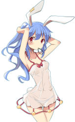 Rule 34 | 1girl, absurdres, animal ears, armpits, arms up, blue hair, blush, breasts, chemise, collarbone, cowboy shot, earclip, floppy ears, highres, long hair, looking at viewer, medium breasts, mouth hold, mukuroi, no bra, panties, ponytail, rabbit ears, rabbit tail, red eyes, see-through, see-through silhouette, seiran (touhou), simple background, small breasts, solo, striped clothes, striped panties, tail, tareme, thigh gap, touhou, tying hair, underwear, white background