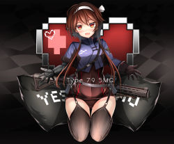 Rule 34 | 1girl, :d, asymmetrical gloves, beckoning, black thighhighs, blush, brown hair, character name, commentary request, fang, full body, gaiters, garter straps, girls&#039; frontline, gloves, gun, haguruma c, hair between eyes, hair ribbon, hairband, head tilt, heart, highres, jewelry, long hair, looking at viewer, no, open mouth, outstretched arms, red eyes, revision, ribbon, ring, seiza, sidelocks, sitting, smile, solo, spread arms, strap, tail, thighhigh gaiters, thighhighs, type 79 (girls&#039; frontline), type 79 smg, uneven gloves, weapon, weapon on back, wedding band, white ribbon, yes, yes-no pillow