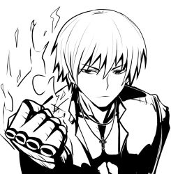 Rule 34 | cross, fire, flick, greyscale, hair between eyes, jewelry, k&#039; (kof), looking at viewer, monochrome, necklace, okyou, pyrokinesis, simple background, snapping fingers, solo, the king of fighters, white background