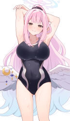 Rule 34 | 1girl, arms behind head, black one-piece swimsuit, blue archive, breasts, covered navel, enipa 28, gradient halo, halo, highres, large breasts, long hair, mika (blue archive), multicolored halo, one-piece swimsuit, pink hair, pink halo, ponytail, smile, swimsuit, wet, white wings, wings, yellow eyes