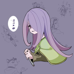 Rule 34 | absurdres, alternate costume, bottle, brand new animal, fangs, highres, keisuke sato, little witch academia, marie itami, one eye covered, poncho, purple background, purple eyes, purple hair, simple background, smirk, speech bubble, sucy manbavaran