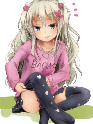 Rule 34 | 1girl, akino shuu, black skirt, black thighhighs, blonde hair, bow, clothes writing, collarbone, grecale (kancolle), green eyes, hair between eyes, hair bow, jewelry, kantai collection, long hair, long sleeves, necklace, open mouth, pink bow, pink shirt, polka dot, polka dot skirt, shirt, skirt, solo, thighhighs, wavy hair