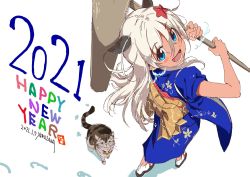 Rule 34 | 1girl, 2021, alternate costume, animal, artist name, blonde hair, blue eyes, blush, breath, cat, commentary request, dated, flower, from above, full body, geta, hair between eyes, hair flower, hair ornament, hammer, happy new year, japanese clothes, jinkai yamizawa, kantai collection, kimono, long hair, looking at viewer, looking back, mochitsuki, new year, obi, open mouth, ro-500 (kancolle), sandals, sash, simple background, smile, solo, standing, tabi, tan, white background, white hair, winter