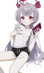 Rule 34 | 1girl, absurdres, alternate costume, bandaged arm, bandaged leg, bandages, black nails, blue archive, blush, breasts, cellphone, commentary, dolphin shorts, gauze on cheek, grey hair, halo, highres, holding, holding phone, long hair, looking at viewer, phone, pointy ears, red eyes, shirt, short shorts, shorts, shuro (blue archive), simple background, small breasts, smartphone, smile, solo, syhan, t-shirt, teeth, very long hair, white background