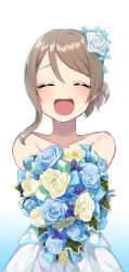Rule 34 | 10s, 1girl, absurdres, alternate hairstyle, bare shoulders, blue flower, blue ribbon, blush, closed eyes, crying, dress, flower, gradient background, hair between eyes, hair flower, hair ornament, happy, highres, leaf, love live!, love live! sunshine!!, open mouth, purple flower, ribbon, smile, solo, standing, strapless, strapless dress, tears, thank you friends!!, watanabe you, white background, white dress, yellow flower, yuama (drop)
