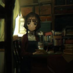 Rule 34 | 1girl, black eyes, blurry, blurry background, book, chair, dark, expressionless, female focus, highres, holding, holding book, indoors, looking at viewer, low twintails, original, pampus1350, sitting, solo, twintails, window