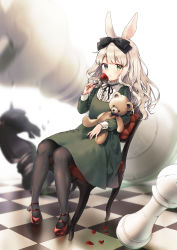 Rule 34 | 1girl, absurdres, animal ears, black bow, black pantyhose, blonde hair, blush, bow, chair, checkered floor, chess piece, chessboard, commentary, english commentary, flower, hair bow, heterochromia, highres, lolita fashion, long hair, looking at viewer, midorikawa you, motion blur, original, pantyhose, petals, photoshop (medium), rabbit ears, red flower, red rose, rose, sitting, solo, stuffed animal, stuffed toy, teddy bear