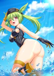 Rule 34 | 1girl, ass, bare shoulders, beret, black one-piece swimsuit, blue sky, blush, breasts, bright pupils, cleavage, cleavage cutout, clothing cutout, cloud, fate/grand order, fate (series), gloves, green hair, guriguri (arayotto4351), hat, head wings, highleg, highleg swimsuit, large breasts, long hair, looking at viewer, olrun (fate), one-piece swimsuit, one eye closed, open mouth, red eyes, sandals, sideboob, sky, sleeveless, smile, solo, sunlight, swimsuit, thigh strap, thighs, twintails, valkyrie (fate), water, white pupils, wings