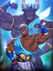 Rule 34 | 2boys, ancient greek clothes, armpits, artist name, asterius (hades), bara, bare pectorals, blue eyes, blue gloves, commentary, dark-skinned male, dark skin, fingerless gloves, flexing, furry, furry male, furry with non-furry, gloves, greco-roman clothes, grin, hades (series), hades 1, hair slicked back, horns, interspecies, jewelry, large pectorals, looking at viewer, male focus, minotaur, multiple boys, muscular, nipples, nose piercing, nose ring, pectorals, piercing, short hair, smile, teeth, theseus (hades), white hair, xelgot