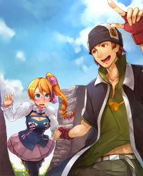 Rule 34 | 10s, 1boy, 1girl, andy w hall, aquarion (series), aquarion evol, beanie, blush, breasts, cleavage, couple, dress, fingerless gloves, gloves, holding hands, hat, hetero, highres, hitoto, mix (aquarion), pantyhose, pointing, ribbon, side ponytail, smile, tomoe (symbol), wavy mouth