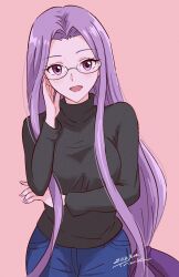 Rule 34 | 1girl, absurdres, denim, fate/stay night, fate (series), forehead, glasses, highres, jeans, long hair, looking at viewer, medusa (fate), medusa (rider) (fate), pants, pink background, purple eyes, purple hair, purple nails, simple background, solo, sweater, tsunemoku, turtleneck, turtleneck sweater, upper body