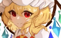 Rule 34 | 1girl, absurdres, ascot, crystal wings, dress, flandre scarlet, hat, highres, medium hair, mob cap, red dress, red eyes, side ponytail, simple background, smile, solo, teruteru (pixiv 98065144), touhou, upper body, white background, yellow ascot