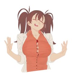Rule 34 | 1girl, artist request, breasts, brown hair, dr. arach, highres, lab coat, large breasts, long hair, open mouth, orange vest, tsukihime, tsukihime (remake), twintails, vest, white background