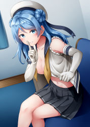 Rule 34 | 1girl, black skirt, blue eyes, blue hair, blush, breasts, collarbone, double bun, elbow gloves, feet out of frame, finger to mouth, gloves, hair bun, hat, highres, index finger raised, kamelie, kantai collection, lifting own clothes, long hair, medium breasts, navel, neckerchief, open clothes, pleated skirt, sailor hat, school uniform, serafuku, shushing, skirt, solo, urakaze (kancolle), white gloves, white hat, yellow neckerchief