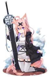 Rule 34 | 1girl, ahoge, animal ear fluff, animal ears, black footwear, black jacket, blush, boots, braid, breasts, cleavage, cleavage cutout, closed mouth, clothing cutout, collarbone, commentary request, dress, grey dress, hair between eyes, hair ornament, hairclip, heart, heart-shaped pupils, huge weapon, jacket, kneeling, long hair, long sleeves, looking at viewer, medium breasts, open clothes, open jacket, original, pink hair, puffy long sleeves, puffy sleeves, purple eyes, sleeveless, sleeveless dress, sleeves past wrists, solo, sword, symbol-shaped pupils, tail, thighhighs, thighhighs under boots, very long hair, weapon, white thighhighs, x hair ornament, yukikasa