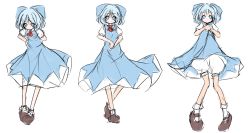 Rule 34 | 1girl, bad id, bad pixiv id, blue eyes, blue hair, blush, bow, character sheet, cirno, clothes lift, dress, dress lift, female focus, hair bow, ikameshi (ika meshi), looking at viewer, matching hair/eyes, mikuma, simple background, sketch, smile, solo, touhou, white background