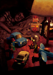 Rule 34 | 1boy, alarm clock, car, child, clock, commentary request, glowing, highres, lamp, lego, machinarium, male focus, motor vehicle, night, original, pillow, realistic, sadajiro, sleeping, solo, table, toy, toy airplane, toy robot