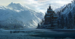 Rule 34 | 1boy, absurdres, assassin&#039;s creed: valhalla, bird, boat, building, cloud, cloudy sky, concept art, dated, european architecture, highres, landscape, mountain, norway, outdoors, raphael-lacoste, river, signature, sky, snow, tree, water, watercraft, watermark