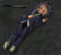 Rule 34 | 1boy, absurdres, baseball bat, blood, blood on clothes, blood on face, bloody weapon, blue eyes, grass, guro, highres, injury, lying, millennium puzzle, muto yugi, on back, on grass, red hair, school uniform, spot dian, weapon, yu-gi-oh!