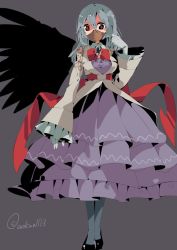 Rule 34 | 1girl, adapted costume, aoi kujira, bad id, bad twitter id, covered mouth, dress, gloves, kishin sagume, looking at viewer, mask, mouth mask, pantyhose, red eyes, red pupils, silver hair, single wing, solo, surgical mask, touhou, wide sleeves, wings