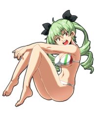 Rule 34 | 1girl, anchovy (girls und panzer), aono3, bikini, boots, breasts, closed mouth, commentary, drill hair, flag print, from side, full body, girls und panzer, green hair, hair ribbon, highres, hugging own legs, italian flag bikini, knee boots, long hair, looking at viewer, medium breasts, navel, print bikini, red eyes, ribbon, simple background, sitting, skindentation, smile, solo, swimsuit, twin drills, twintails, white background