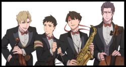 Rule 34 | 4boys, ace attorney, alternate costume, armband, barok van zieks, black hair, black jacket, blonde hair, blue eyes, bow, bowtie, brown eyes, brown hair, cello, closed eyes, closed mouth, formal, green eyes, grey hair, headband, herlock sholmes, highres, holding, instrument, jacket, kazuma asogi, long sleeves, looking at another, male focus, multiple boys, necktie, officinale t, open mouth, red bow, red bowtie, red headband, ryunosuke naruhodo, saxophone, shirt, short hair, simple background, smile, suit, sweatdrop, the great ace attorney, triangle (instrument), violin, white background