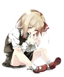 Rule 34 | 1girl, arms up, black skirt, black vest, blonde hair, blouse, collared shirt, commentary request, dress, eyelashes, gorilla (bun0615), highres, long sleeves, looking at viewer, mary janes, open mouth, red footwear, rumia, shirt, shoes, short hair, simple background, sitting, skirt, socks, solo, thighs, touhou, vest, white background, white shirt, white socks