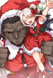 Rule 34 | 1boy, 1girl, :d, ^ ^, absurdres, arm up, blush, boots, bow, christmas, closed eyes, closed mouth, dark-skinned male, dark skin, double bun, dress, closed eyes, fate/stay night, fate (series), fur-trimmed dress, fur-trimmed sleeves, fur collar, fur trim, giant, giant male, hair bow, hair bun, hat, heracles (fate), heterochromia, highres, illyasviel von einzbern, looking at viewer, open mouth, plaid, plaid dress, plaid footwear, red dress, red footwear, santa costume, santa hat, shirt, short sleeves, sidelocks, silver hair, sitting on shoulder, size difference, smile, taut clothes, taut shirt, wasa (wanosabi)