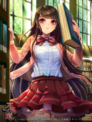 Rule 34 | 1girl, blunt bangs, book, bow, bowtie, brown hair, cardigan, fingernails, furuhata arika, furyou michi ~gang road~, gradient eyes, ingfox, lace, lace-trimmed skirt, lace trim, library, long hair, multicolored eyes, official art, open cardigan, open clothes, original, pantyhose, pink eyes, pleated skirt, purple eyes, skirt, solo, thighhighs, twintails