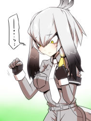 Rule 34 | 10s, 1girl, bird tail, bird wings, black gloves, black hair, collared shirt, feathered wings, fingerless gloves, gloves, grey hair, grey shirt, grey shorts, head wings, jin (mugenjin), kemono friends, long hair, low ponytail, multicolored hair, necktie, orange hair, pocket, shirt, shoebill (kemono friends), shorts, side ponytail, solo, tail, tsurime, white necktie, wings