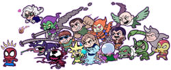 Rule 34 | 1girl, 6+boys, animal print, black cat (marvel), black hair, blank eyes, blue eyes, bodysuit, boots, bowl cut, brown eyes, brown hair, cape, carnage (marvel), chasing, chibi, clenched hands, clenched teeth, doctor octopus, electricity, electro (spider-man), everyone, facial hair, felicia hardy, fire, fleeing, flying, food, fur, gloves, green eyes, green goblin, grey eyes, grin, hat, heart, hobgoblin (marvel), holding, holding food, holding knife, holding pumpkin, holding vegetable, hood, horns, hoverboard, hydro-man, jack-o&#039;-lantern, kimunatsu, knife, kraven the hunter, lab coat, leopard print, lizard (marvel), long tongue, marvel, mask, mechanical arms, multiple boys, mustache, mysterio, orange eyes, outline, peter parker, pumpkin, red eyes, rhino (marvel), running, sandman (marvel), scales, scorpion (marvel), sharp teeth, shocker (marvel), simple background, sinister six, smile, smoke, spider-man, spider-man (series), sunglasses, symbiote, tail, teeth, tentacles, tongue, tongue out, vegetable, venom (marvel), vulture (marvel), white background, white hair, wings, yellow eyes