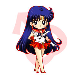 Rule 34 | 1990s (style), 1girl, bishoujo senshi sailor moon, black eyes, black hair, bow, choker, earrings, elbow gloves, expressionless, full body, gloves, high heels, hino rei, jewelry, long hair, magical girl, mars symbol, official style, pleated skirt, pluco, red skirt, ribbon, sailor collar, sailor mars, skirt, solo, standing, tiara, white background, white gloves