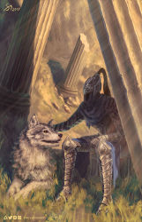 Rule 34 | 1boy, absurdres, armor, artorias the abysswalker, covered face, dark souls (series), dark souls i, grass, great grey wolf sif, grey fur, helmet, highres, nature, outdoors, pillar, ruins, sitting, smile, wolf
