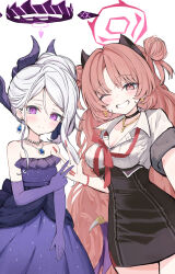 Rule 34 | 2girls, black choker, black horns, black skirt, blue archive, blush, breasts, choker, cleavage, closed mouth, collarbone, collared shirt, dangle earrings, demon horns, demon wings, double bun, dress, earrings, elbow gloves, fingernails, flat chest, gloves, grin, hair bun, halo, highres, hina (blue archive), hina (dress) (blue archive), horns, jewelry, kirara (blue archive), large breasts, long fingernails, long hair, looking at viewer, multiple girls, multiple horns, nail polish, necklace, official alternate costume, official alternate hairstyle, one eye closed, pendant, pink eyes, pink hair, purple dress, purple eyes, purple gloves, purple wings, red halo, red nails, sateto (user knrf2332), shirt, simple background, skirt, smile, strapless, strapless dress, teeth, v, very long hair, w, white background, white hair, white shirt, wings