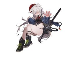 Rule 34 | 1girl, 9a-91, 9a-91 (girls&#039; frontline), 9a-91 (travelling with a loyal friend) (girls&#039; frontline), :&lt;, :o, animal ear request, animal ears, animal hands, animal nose, assault rifle, bare shoulders, beret, black footwear, black jacket, black panties, black shirt, blue eyes, blush, bow, bowtie, damaged, fangdan runiu, full body, furrification, furry, furry female, game cg, girls&#039; frontline, gun, hair over one eye, hands up, hat, highres, jacket, long hair, looking at viewer, midriff, navel, official alternate costume, official art, open clothes, open jacket, panties, pouch, red bow, red hat, rifle, shirt, shoes, simple background, sleeveless, sleeveless shirt, solo, tachi-e, tail, thigh pouch, thigh strap, thighs, torn clothes, torn shirt, transparent background, underwear, weapon