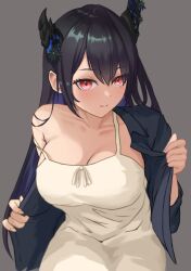 Rule 34 | 1girl, black hair, breasts, demon horns, diptip, dress, grey background, highres, hololive, hololive english, horns, large breasts, long hair, looking at viewer, nerissa ravencroft, parted lips, simple background, solo, upper body, very long hair, virtual youtuber, white dress