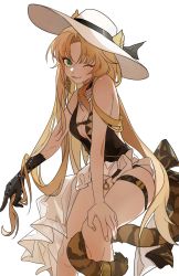 Rule 34 | 1girl, animal ears, arknights, black choker, black gloves, black leotard, blonde hair, blush, bow, breasts, choker, cleavage, closed mouth, commentary, earrings, feet out of frame, gloves, green eyes, hand on own knee, hat, highres, jewelry, latutou1, leotard, lips, long hair, looking at viewer, medium breasts, necklace, official alternate costume, one eye closed, parted bangs, pearl necklace, simple background, single glove, sleeveless, smile, solo, sun hat, swire (arknights), symbol-only commentary, tail, tail bow, tail ornament, thigh strap, tiger ears, tiger girl, tiger tail, white background, white hat