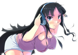 Rule 34 | 1girl, akiyama mio, bad id, bad pixiv id, bare shoulders, bent over, black hair, blue eyes, blush, breasts, casual, cleavage, covered erect nipples, hands on own head, hanging breasts, headphones, heiya, k-on!, large breasts, long hair, looking at viewer, shorts, simple background, smile, solo, tank top, very long hair, white background