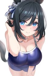 Rule 34 | 1girl, animal ears, bare shoulders, black hair, bloom, blue eyes, blue one-piece swimsuit, blurry, blush, breasts, cleavage, closed mouth, collarbone, commentary request, competition school swimsuit, depth of field, eishin flash (umamusume), foreshortening, hair between eyes, hand in own hair, hand on own thigh, highres, horse ears, horse girl, horse tail, kibihimi, large breasts, leaning forward, long hair, looking at viewer, one-piece swimsuit, school swimsuit, short hair, simple background, smile, solo, swept bangs, swimsuit, tail, thighs, umamusume, wet, white background