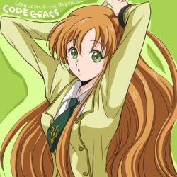Rule 34 | 00s, 1girl, :o, adjusting hair, akina tsukako, arms up, blush, brown hair, buttons, code geass, double-breasted, green background, green eyes, green jacket, green necktie, jacket, long hair, long sleeves, looking at viewer, lowres, necktie, parted lips, school uniform, serafuku, shirley fenette, simple background, solo, tying hair, very long hair