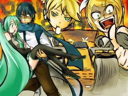Rule 34 | 2boys, 2girls, banana, brother and sister, carrying, crazy, detached sleeves, food, fruit, green hair, hatsune miku, kagamine len, kagamine rin, kaito (vocaloid), multiple boys, multiple girls, pointing, princess carry, scarf, siblings, skirt, steamroller, sweatdrop, thighhighs, tonoto, twins, twintails, vocaloid, yandere