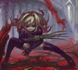 Rule 34 | 1girl, blonde hair, blood, claws, original, red eyes, shinazo, solo, thighhighs