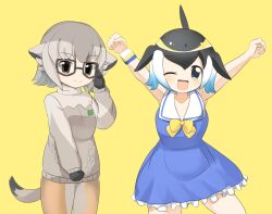 Rule 34 | :d, arms up, black-framed eyewear, black gloves, black hair, blue dress, blue eyes, blue hair, blush, bow, bowtie, breasts, brown eyes, commentary request, cowboy shot, dress, frilled dress, frills, glasses, gloves, gradient hair, grey sweater, kemono friends, lets0020, long sleeves, looking at viewer, medium bangs, medium breasts, meerkat (kemono friends), meerkat ears, meerkat tail, multicolored hair, one eye closed, open mouth, sailor collar, sailor dress, short hair, simple background, small breasts, smile, sweater, white sailor collar, yellow background, yellow bow, yellow bowtie