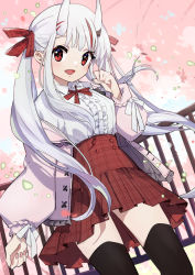 Rule 34 | 1girl, :d, black thighhighs, bow, center frills, collared shirt, commentary request, fang, frills, hair bow, hand up, highres, hololive, horns, jacket, long hair, long sleeves, looking at viewer, multicolored hair, nail polish, nakiri ayame, nakiri ayame (girly), off shoulder, oni, open clothes, open jacket, open mouth, petals, pink jacket, pink nails, plaid, plaid bow, pleated skirt, puffy long sleeves, puffy sleeves, railing, red bow, red eyes, red hair, red skirt, shadowsinking, shirt, skin-covered horns, skirt, smile, solo, streaked hair, thighhighs, twintails, very long hair, virtual youtuber, white hair, white shirt