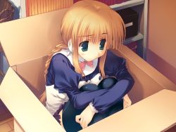 Rule 34 | 00s, 1girl, android, aqua eyes, black thighhighs, blonde hair, box, braid, cardboard box, game cg, green eyes, in box, in container, indoors, kawata hisashi, long hair, long sleeves, mitsumi misato, robot ears, silfa (to heart), solo, thighhighs, to heart (series), to heart 2, to heart 2 ad