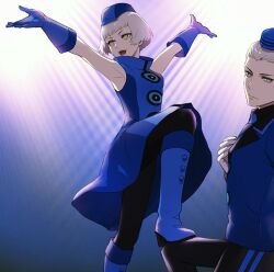 Rule 34 | 1boy, 1girl, arms up, black pants, black pantyhose, blue dress, blue footwear, blue gloves, blue headwear, blue jacket, boots, breasts, closed mouth, dress, elizabeth (persona), gloves, grey hair, hat, isa (peien516), jacket, medium breasts, open mouth, pants, pantyhose, persona, persona 3, persona 3 portable, simple background, theodore (persona), white gloves, yellow eyes